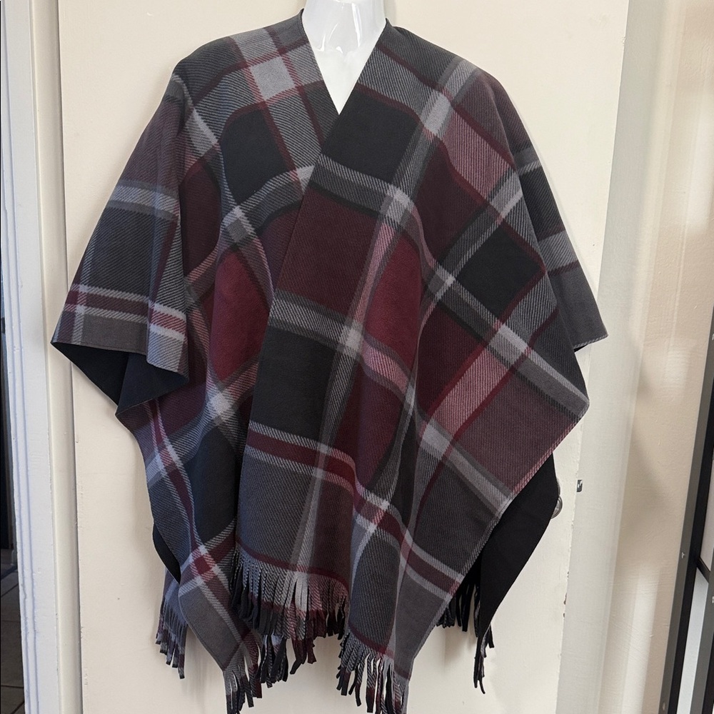 Rachel Roy Plaid Fringe Fleece Poncho